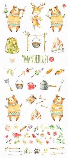 a watercolor drawing of some food and utensils on a white background with the words wanderlust above it