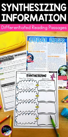 an information booklet with text and pictures on it, next to pencils and markers