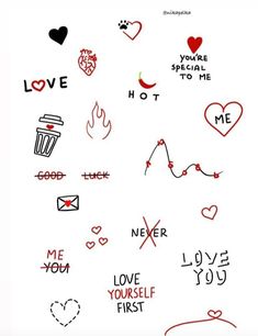 the back side of a white paper with red writing on it and hearts, words, and