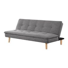 a gray couch with wooden legs on a white background