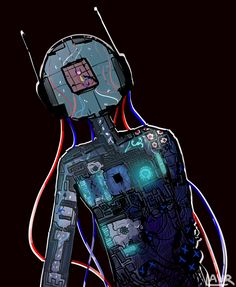 a digital drawing of a person with an electronic device on their back