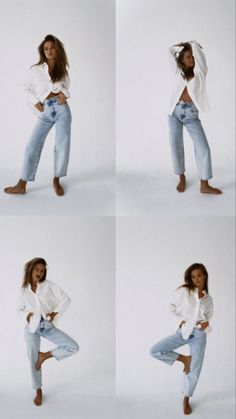 four photos of a woman in jeans and a white shirt posing for the camera with her hands on her hips