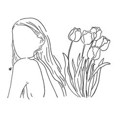 a drawing of a girl holding flowers in her hand and looking at the flower bed