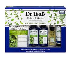 Revive your senses with the Dr. Teal's Eucalyptus and Spearmint Pure Epsom Salt Soaking Solution Bath Set. This 5-piece scented bath set includes soaking solution, foaming bath, body wash, body lotion and body oil, all with Eucalyptus and Spearmint essential oils to help you refresh and revive. Great for easing muscle aches and softening dry skin, the Dr. Teal's Eucalyptus and Spearmint Pure Epsom Salt Soaking Solution Bath Set transforms every bath into a soothing spa experience. Dr Teals, Bath And Body Gift Set, Teal Christmas, Spearmint Essential Oil, Foaming Bath, Bath Set, Christmas Gift Sets, Muscle Aches, Pure Leaf Tea Bottle