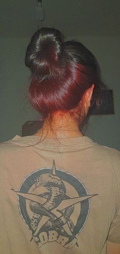 Red hair bun half dyed Half Black Half Cherry Red Hair, Dark Brown With Burgundy Underneath, Brown Hair And Red Underneath, Black Hair Dyed Red Underneath, Red Hair Underneath Curly, Dark Brown Hair With Dark Red Underneath, Dark Cherry Peekaboo Hair, Red Undercolor Hair, Brown With Red Underneath Hair