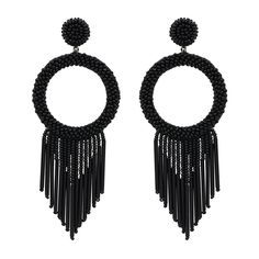 a pair of black beaded earrings on a white background