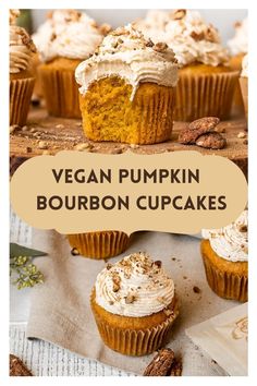 vegan pumpkin bourbon cupcakes with whipped cream frosting and pecans on top