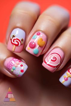 Delight in the joy of candy-inspired nail art with these cute funky nail designs. With swirls of pink and playful candy motifs, these unique nail designs are a treat for the eyes. Sweeten your look by visiting nailhow.com for more. Piggy Nail Art, Lolipop Nails Designs, Nail Designs With Swirls, Sugar Art Nails, Disney Nail Art Designs