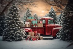 an old red truck with presents in the back