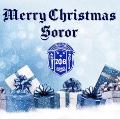 a christmas card with presents in blue and white