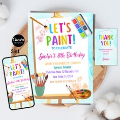 Editable Editable Art Birthday Party Paint Party Invitation Template Pastel Rainbow Watercolor Paint Theme Digital Invite Kids birthday invite Instant Download. This is Editable Template for self-editing by customers.  (Kids birthday idea, birthday party, Instant Download, Digital invite) You will get: 📩 3 pdf files with a hyperlink to edit your invitations. (size: 5x7inch (Invitation for print), 1170x2532px (mobile version of invitation), 3x5in (Thank you card)) ✨INSTRUCTIONS✨ Step 1: Create C Template Pastel, Painted Invitations, Painting Birthday Party, Paint Themes, Idea Birthday, Rainbow Watercolor, Art Birthday Party, Art Invitation, Digital Invite