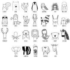 an illustrated poster with different types of animals and their names in black ink on white paper