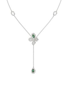 The Floral White Gold Y Necklace is an 18 karat white gold delicate chain with a diamond and natural emerald four-leaf clover at its center. A delicate teardrop-shaped diamond pavé emerald holds onto the clover by a white gold chain. Elegant White Gold Teardrop Emerald Necklace, Bridal Necklace Designs, White Gold Chain, Y Necklace, White Gold Chains, Emerald Necklace, White Gold Necklaces, Delicate Chain, Floral Necklace