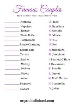 a list of famous couples with the names in purple and black on it, including name tags