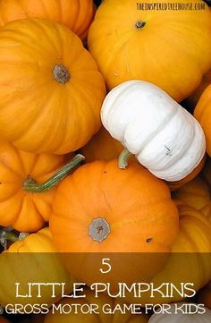 pumpkins and gourds with the title 5 little pumpkins gross motor game for kids