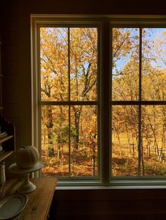 an open window in a room with autumn trees out the window and leaves on the ground