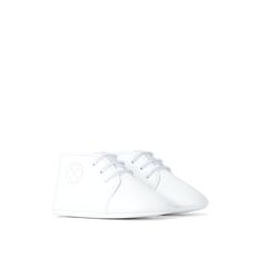 LOUIS VUITTON® - Leather Shoes - White Classic Low-top Boots With Textured Sole, Leather Sneakers With Rubber Heel Cap, Classic Flat Heel Sneakers With Removable Insole, Leather Closed Toe Sneakers With Rubber Heel Cap, Classic Sneakers With Contrast Sole, Classic Closed Toe Sneakers With Branded Insole, Classic Closed Toe Formal Sneakers, Baby Louis Vuitton, Baby's First Step