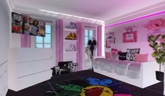 a bedroom with pink walls and black flooring, decorated in cartoonish style decorations