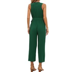 Green Ruffle V Neck Sleeveless Jumpsuit with Belt Jumpsuit With Belt, Sleeveless Jumpsuits, Jumpsuit Romper, Jumpsuit, Rompers, V Neck, Green