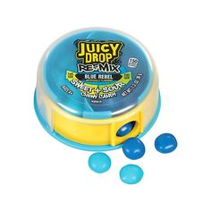 jelly drops in a blue and yellow container on a white background with the lid open