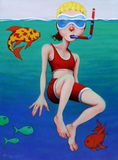 a painting of a girl in a red swimsuit and goggles diving with fish