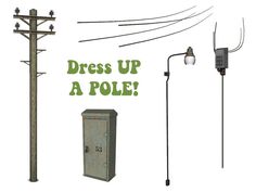 there are many different types of poles and wires in this image, including one pole with an electrical box