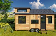 the tiny house is made out of wood and has a metal roof, windows, and ladders