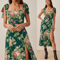 Gently Used, Great/Like New Condition Dress Bow Tie, Bow Tie Dress, Dress Bow, Reformation Dress, Reformation Dresses, Square Neck, Emerald Green, Pink Floral, Floral Dress