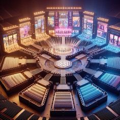 an aerial view of a large auditorium filled with lots of seats and lights on the ceiling