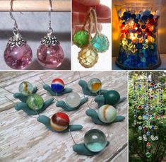 there are many different pictures of glass beads and vases in the same photo,