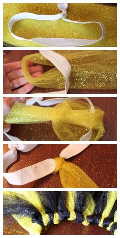 three pictures showing how to make yellow and black ribbons with ribbon ties on top of each other