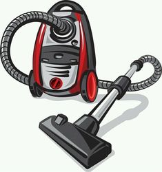 a red and black vacuum cleaner with a hose on the handle, isolated from white background