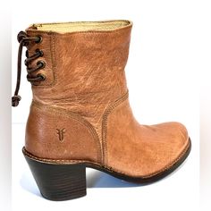 Frye 'Carmen' Back Lace Short Ankle Boot - Size 7.5 Retail Price $398.00 + Tax Retail Price Popular Sold Out Style Suede Cord Threaded Through Brass Grommets Laces Up The Back Of A Short Boot Crafted Of Vintaged Tumbled Leather And Steadied By A Thick, Stacked Heel. * Pull-On Style With Adjustable Back Laces And Back Elastic Goring. * Approx. Heel Height: 2 1/2". * Approx. Boot Shaft Height: 6 1/2". * Leather Upper, Lining And Sole. Excellent Preowned Condition. The Right Toe Area Has A Little S Short Ankle Boots, Short Boot, Suede Cord, Lace Short, Frye Shoes, Brown Orange, Short Boots, Stacked Heel, Cognac