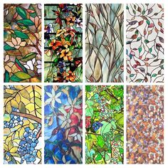 six different stained glass panels with flowers and leaves in each panel, all showing the same color