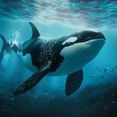 an orca swims in the ocean with fish around it's back end