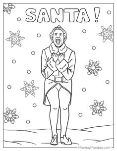 a coloring page for santa with snowflakes and the words santa on it in black and white