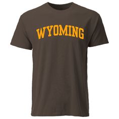 a brown wyoming t - shirt with the word wyoming in yellow letters on it's chest