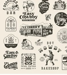 various logos and emblems are shown in black and white, including an image of a store