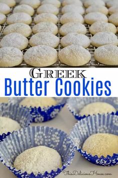 some cookies are cooling on a rack and in blue paper muffin liners with powdered sugar