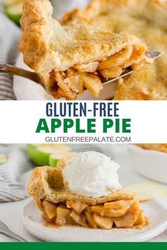 an apple pie with whipped cream on top and the words gluten - free apple pie