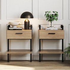 two nightstands with plants and books on them