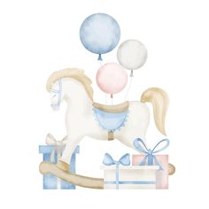 a watercolor drawing of a rocking horse with balloons on it's back and presents in the foreground