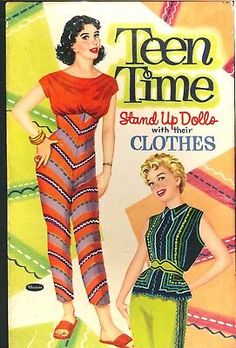 an advertisement for teen time with two women in striped outfits