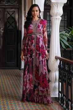 Lilac organza padded peplum kurta with floral print and sequins embroidery. Comes with sharara and a dupatta. - Aza Fashions Astha Narang, Chiffon Floral, Floral Peplum, Sharara Set, Sequins Embroidery, Fashion App, Floral Chiffon, Bridal Lehenga, Saree Blouse