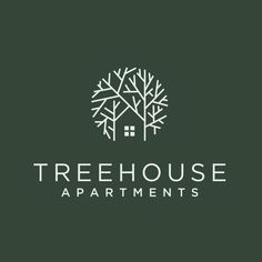 the treehouse apartments logo is shown in white on a dark green background with trees