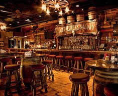 an old fashioned bar with wooden stools