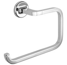 a chrome toilet roll holder on a white background, with the handle extended to it's left side