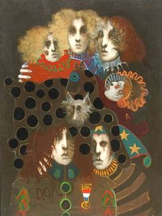 a painting with many different faces on it