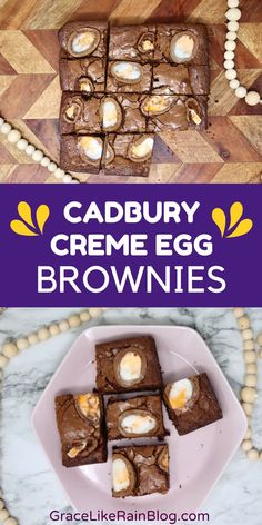 cadbury creme egg brownies on a plate with eggs in the middle and an image