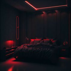 a dark bedroom with red lights on the ceiling and bed in the foreground,